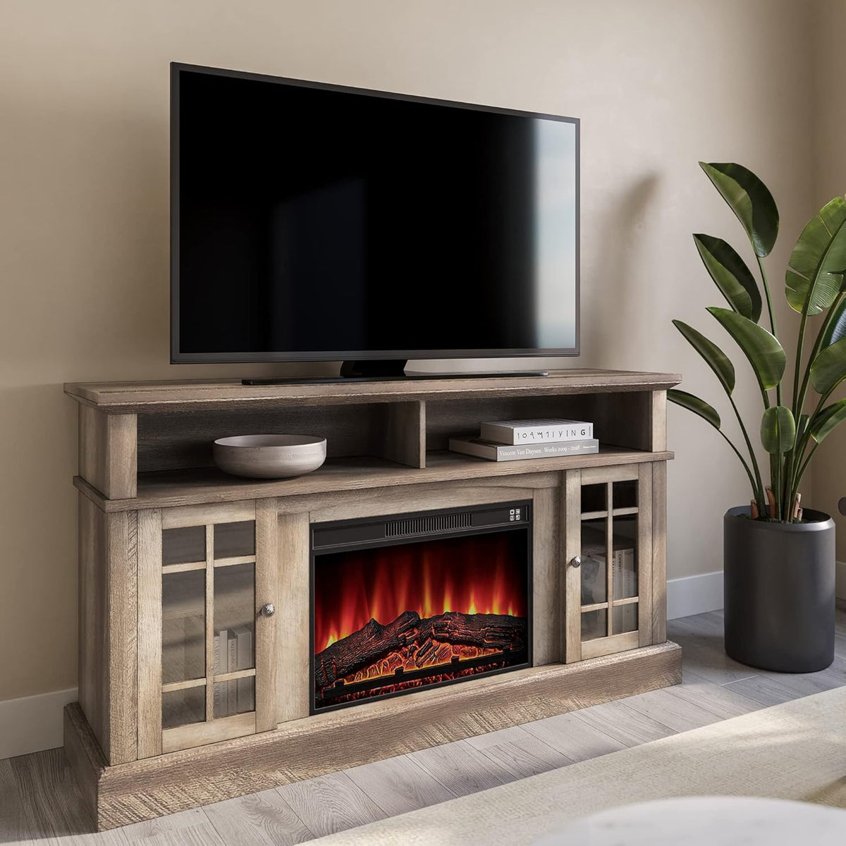 Light Gray Electric Fireplace TV Stand with Open Storage Shelves & Cabinets B8750