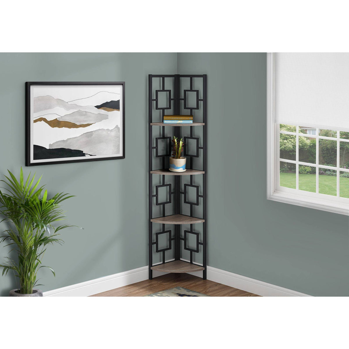 Taupe Brown and Black Corner Etagere Bookcase B572073