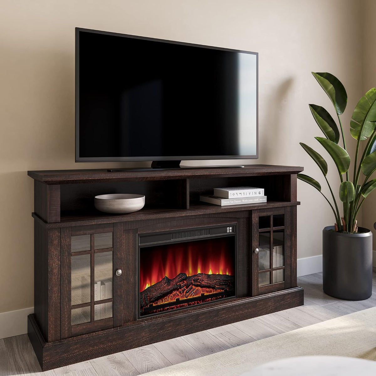 Light Gray Electric Fireplace TV Stand with Open Storage Shelves & Cabinets B8750