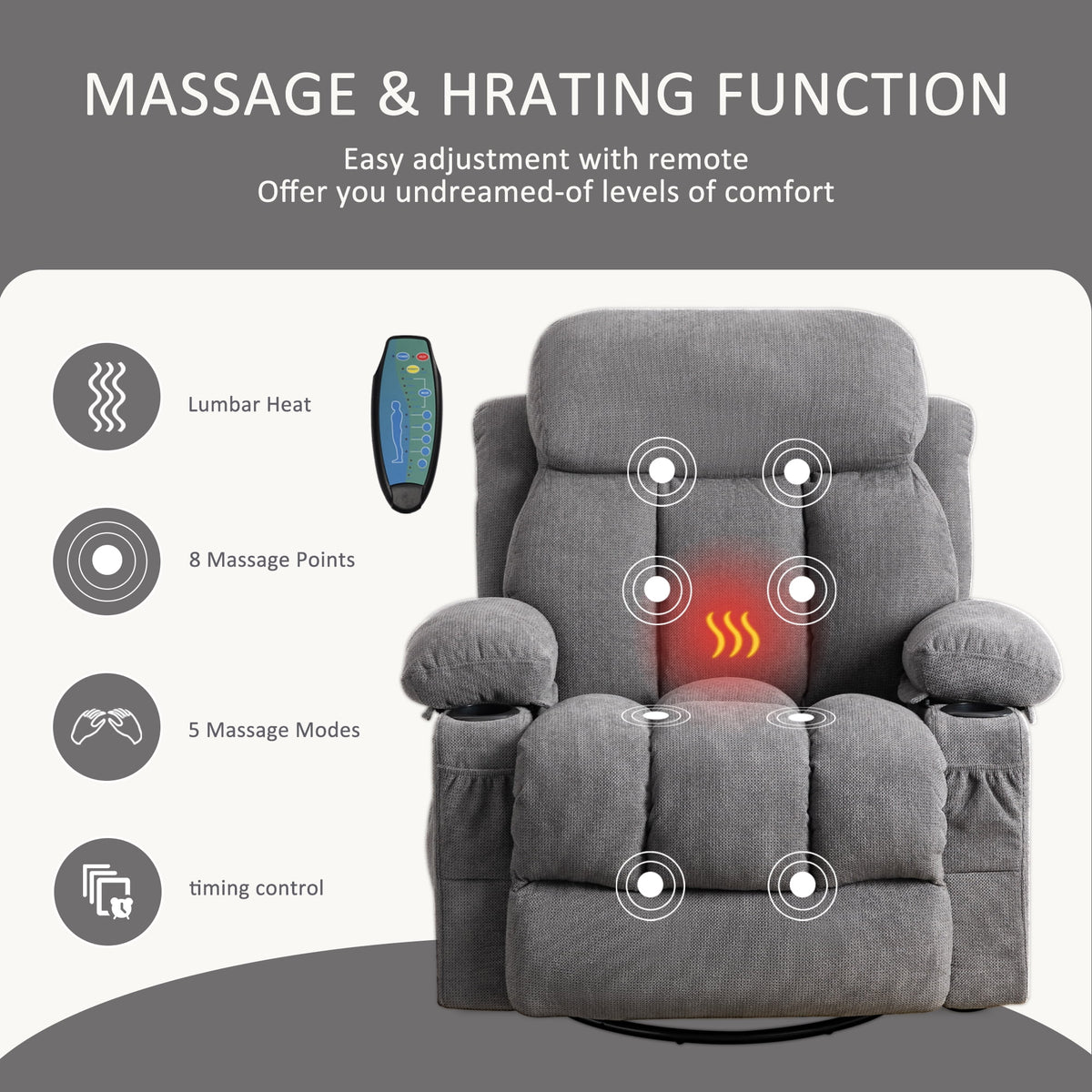 Swinging recliner massage heated sofa with USB and cup holders S22218