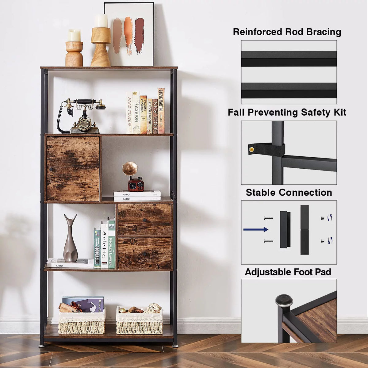 4-Tier Wooden Bookshelf with Drawer N516