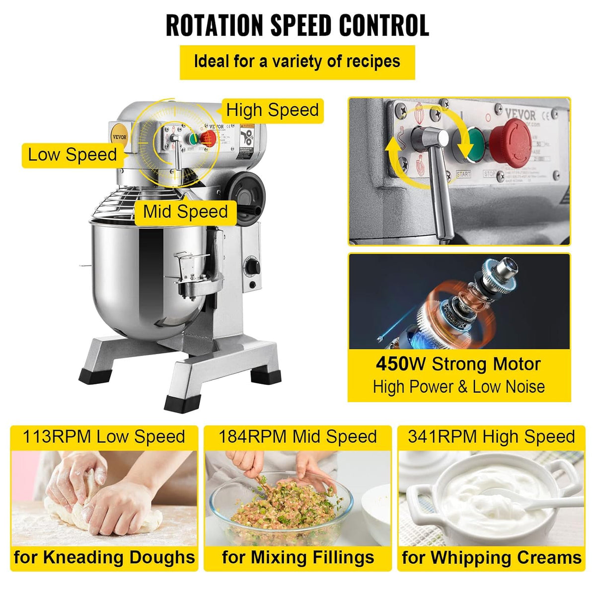 Commercial Food Mixer 10Qt Stainless Steel Bowl 450W 3 Speeds H908507