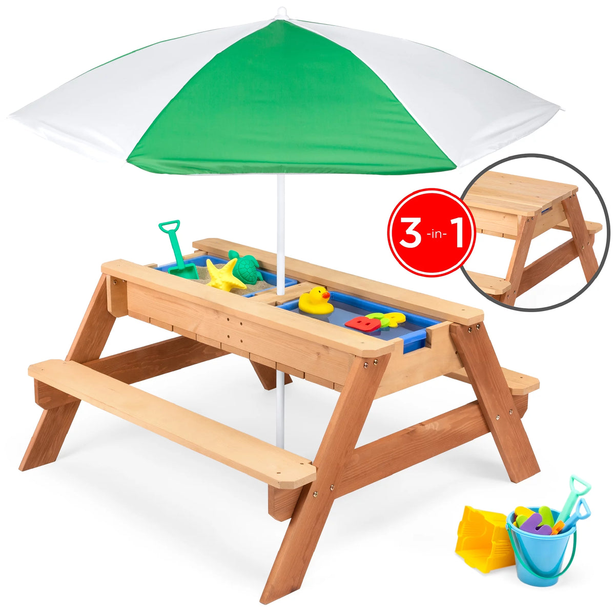 Kids 3-in-1 Wood Sand & Water Picnic Table with Umbrella B606