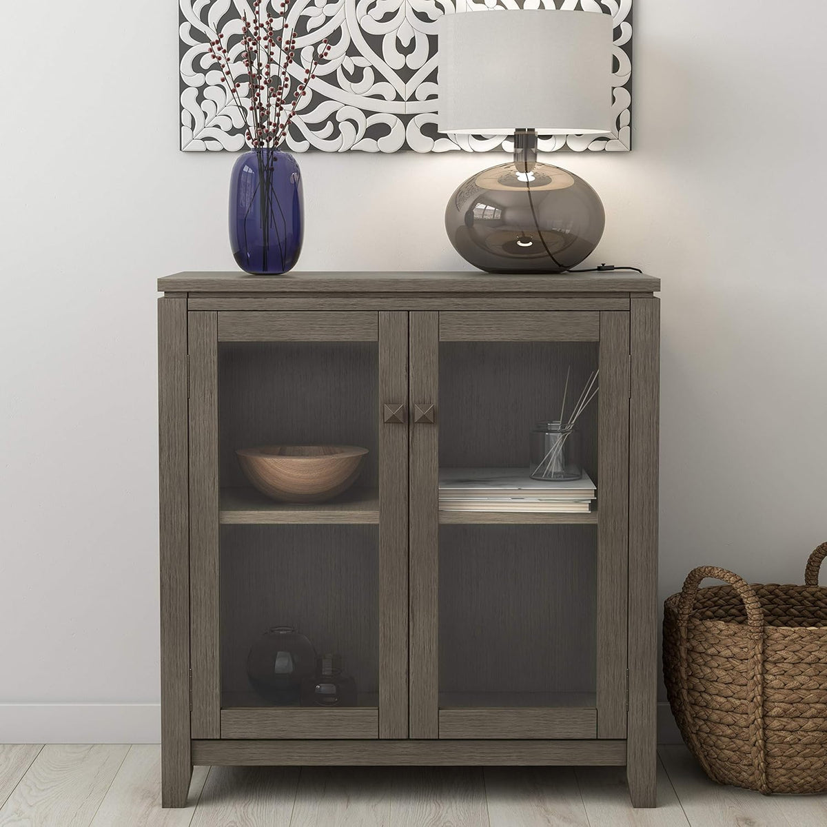 White 30 inch Low Storage Cabinet with 2 Tempered Glass Doors J7283