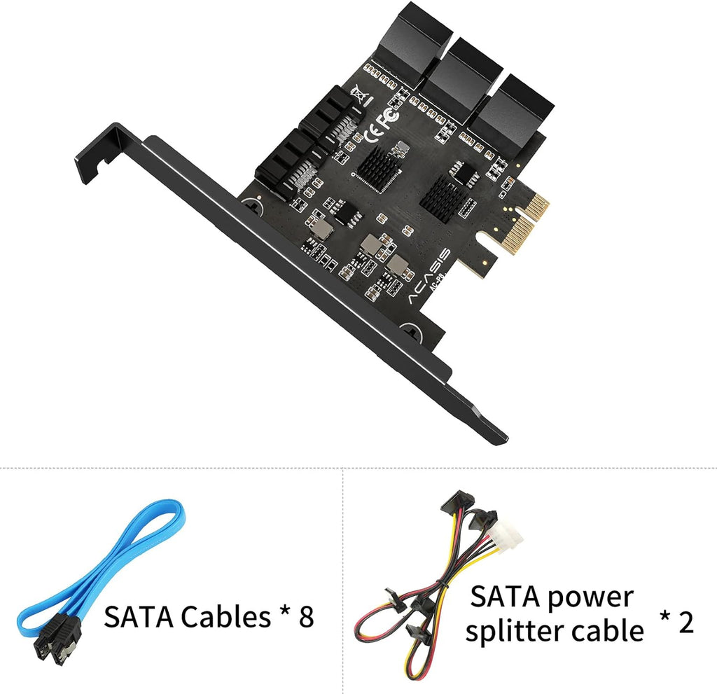 8 Port PCIe SATA 3.0 Controller Expansion Card with 8 SATA Cables and 2 Power Splitter Cables M162