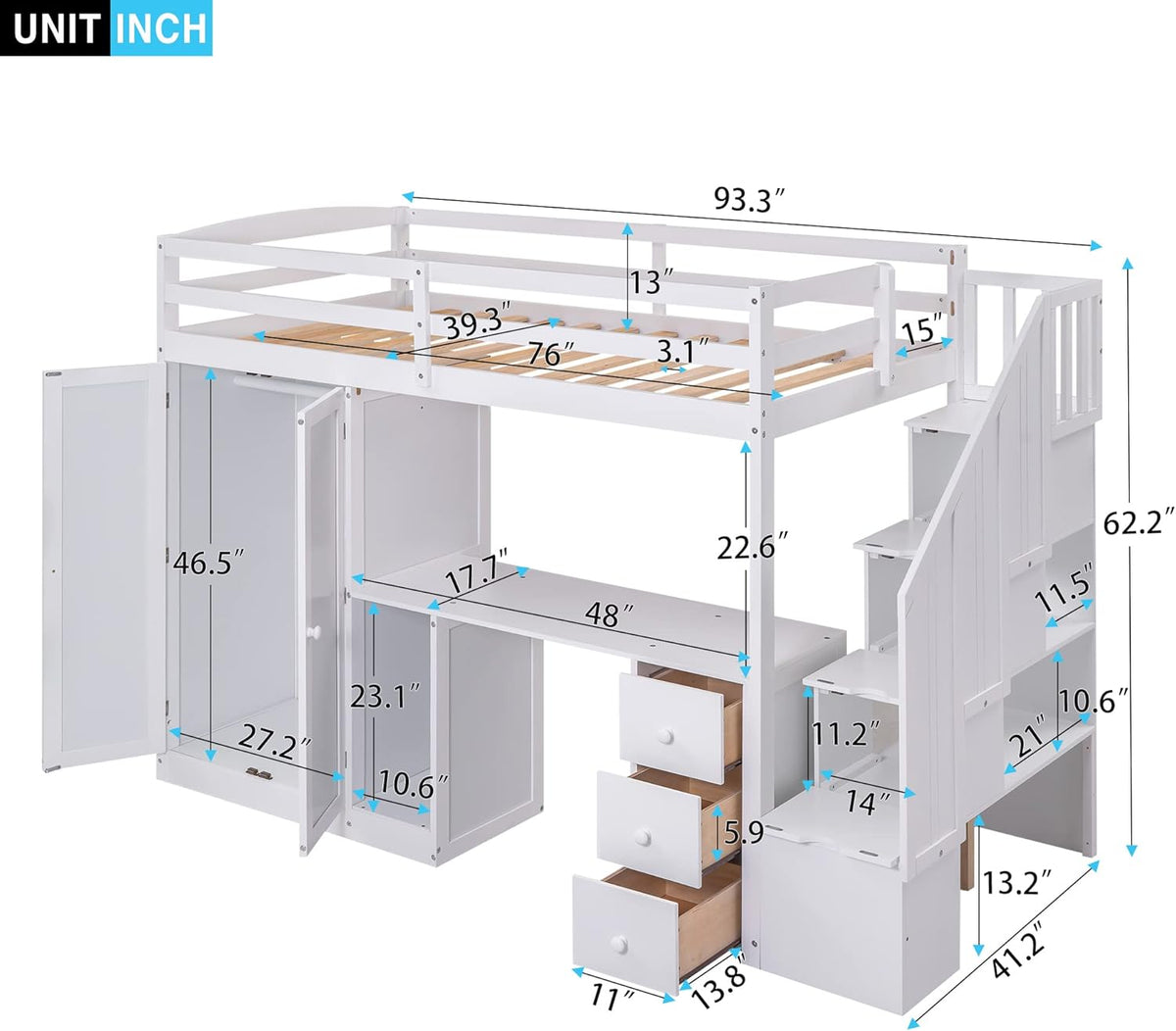 White Wooden Twin Loft Bed with Stairs and Desk L402