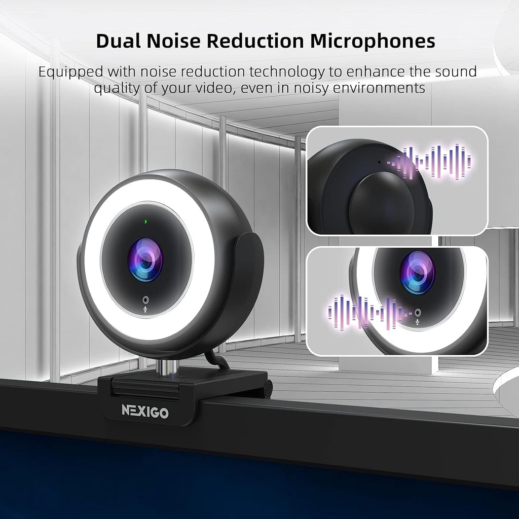 1080P Webcam with Ring Light, Privacy Cover, Noise Reduction Mics, Black B5481