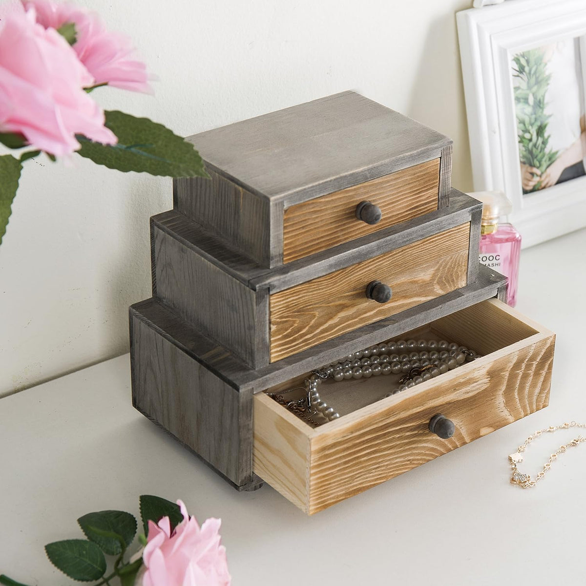 Rustic Wood 3-Drawer Desk Organizer Cabinet I37393