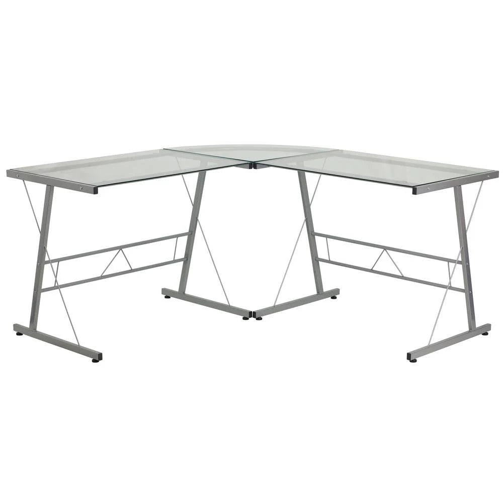 L-Shaped Clear/Silver Computer Desk with Glass Top E880487