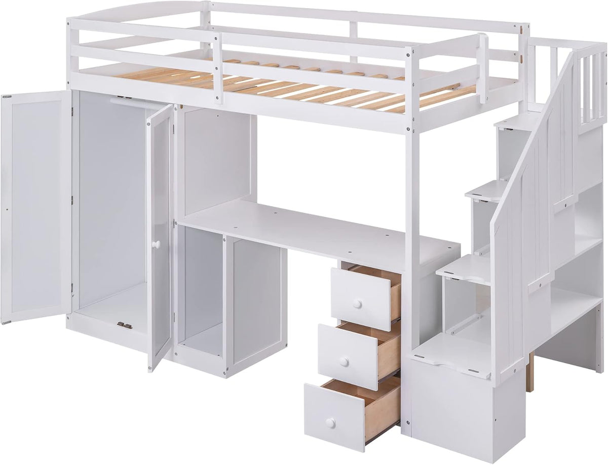 White Wooden Twin Loft Bed with Stairs and Desk L402