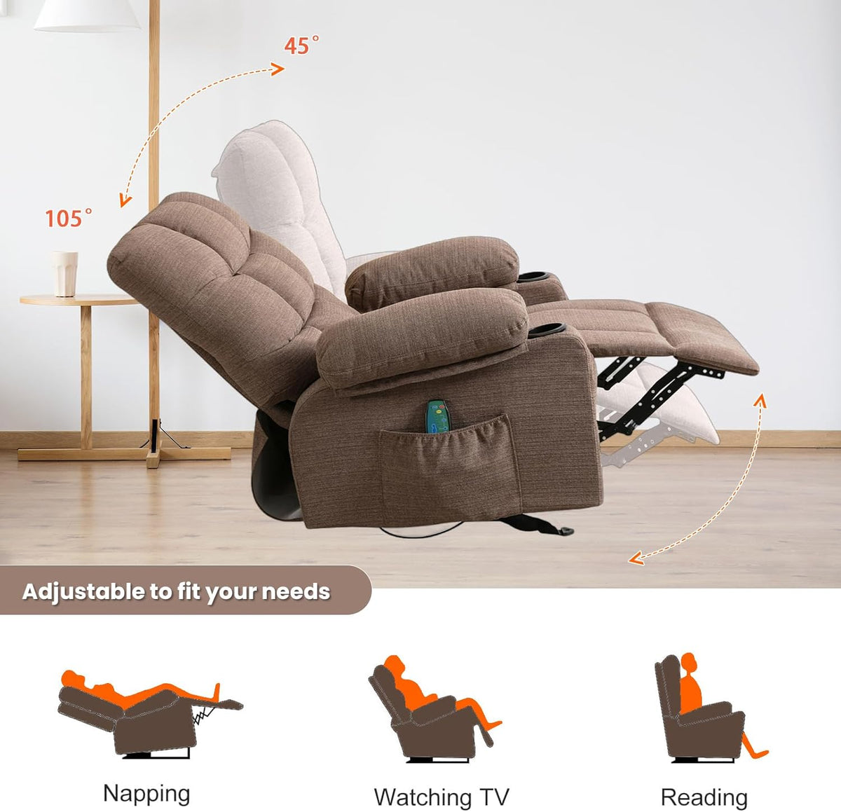 Brown Manual Fabric Recliner Chair with 8 Points Power Massage X3849