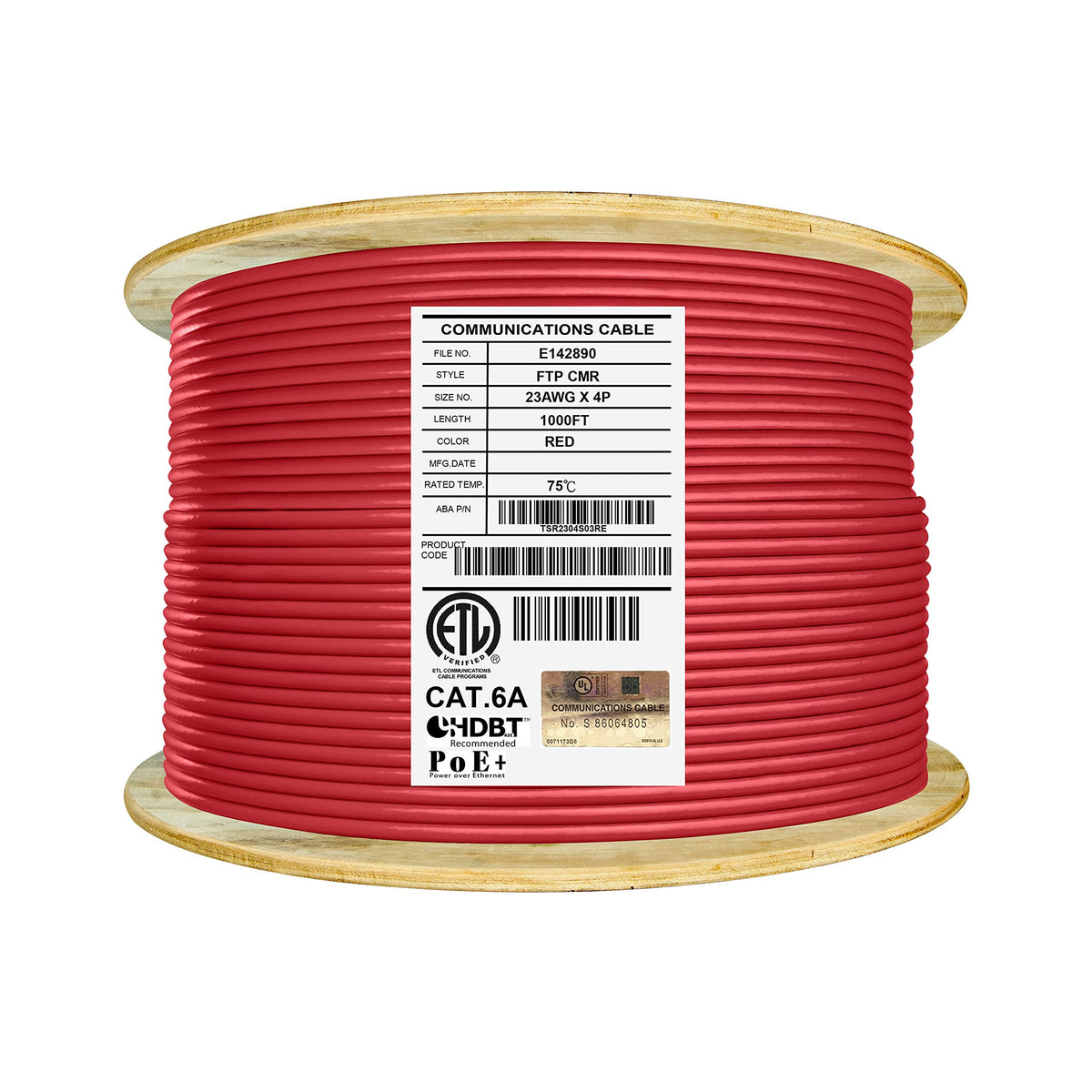 Cat6a Shielded Riser Ethernet Cable, 1000ft, Red D76037