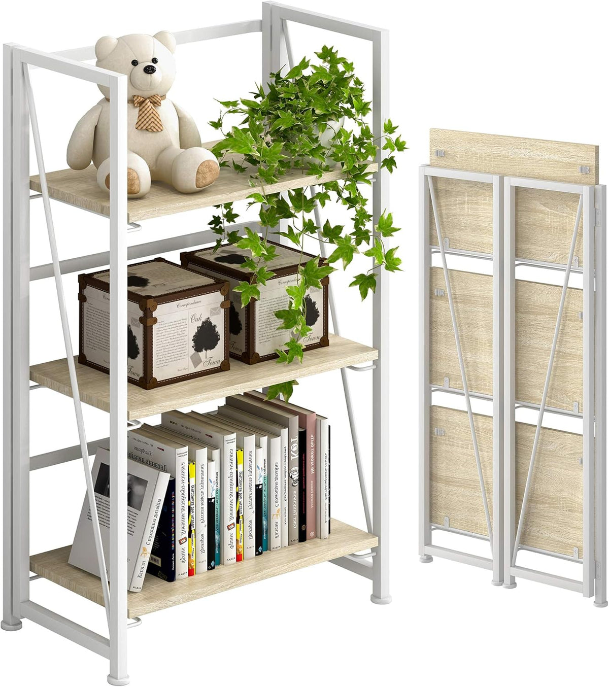 Folding Bookshelf Storage Shelves 5 Tiers with 2 Storage Drawers Brown and Black L4564