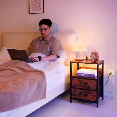LED Night Stand with Fabric Drawers and Storage Shelf I216