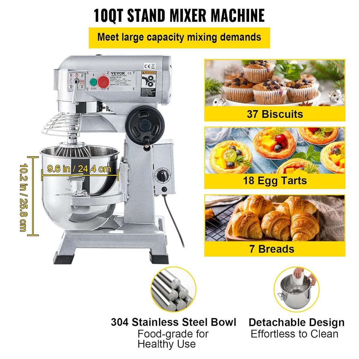 Commercial Food Mixer 10Qt Stainless Steel Bowl 450W 3 Speeds H908507