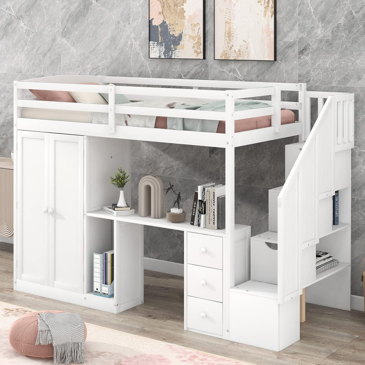 White Wooden Twin Loft Bed with Stairs and Desk L402