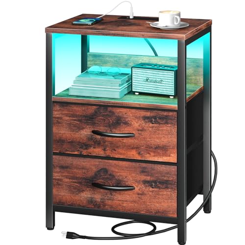 LED Night Stand with Fabric Drawers and Storage Shelf I216