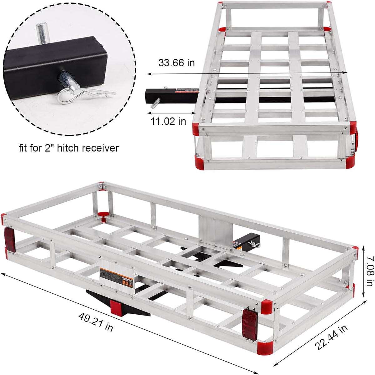 Aluminum Cargo Carrier Basket 49.4 x 22.4 x 7.1 inch for 2" Hitch Receiver 500lb Capacity Silver X380