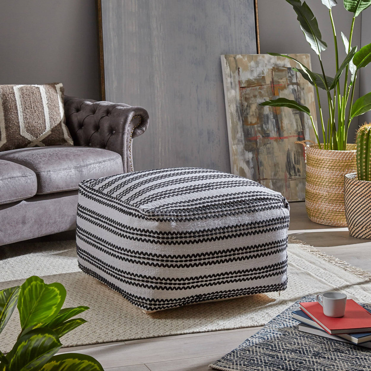 Black and Natural Cotton Square Pouf C649614
