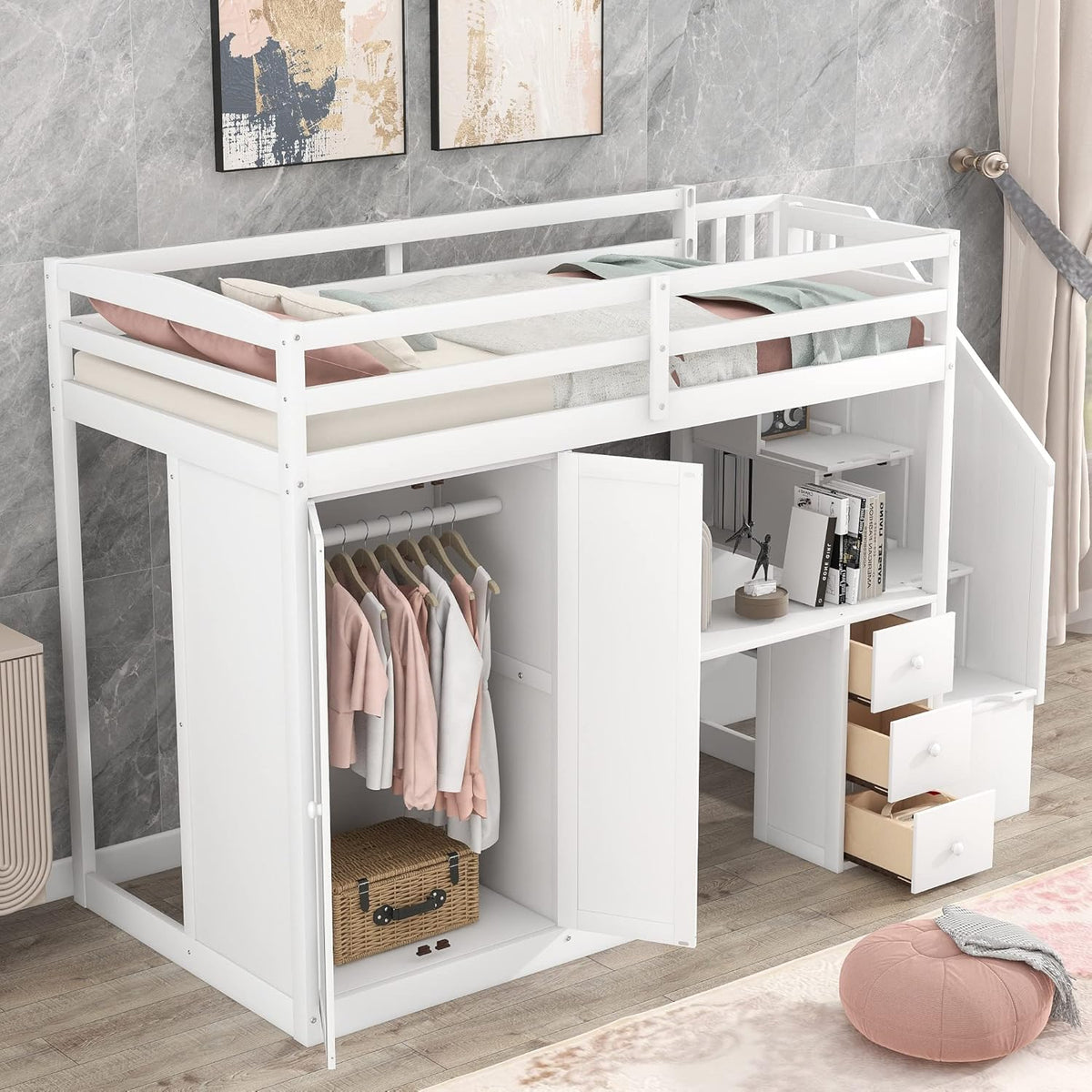 White Wooden Twin Loft Bed with Stairs and Desk L402