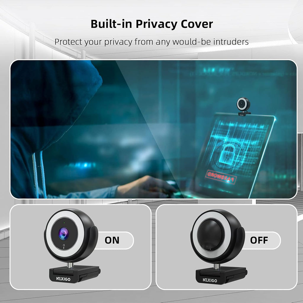 1080P Webcam with Ring Light, Privacy Cover, Noise Reduction Mics, Black B5481