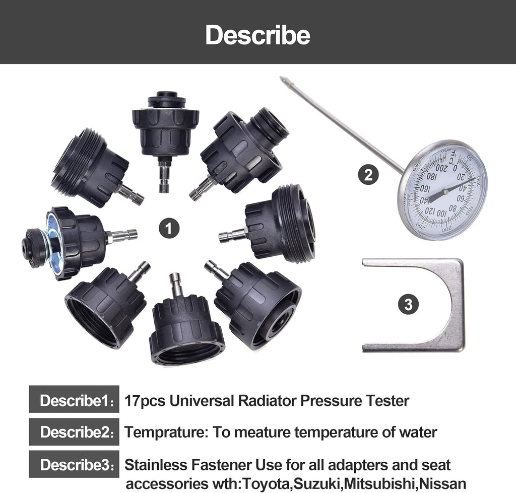 17pcs Radiator Pressure Tester Kit, Vacuum Pump Type Cooling System, Black S250