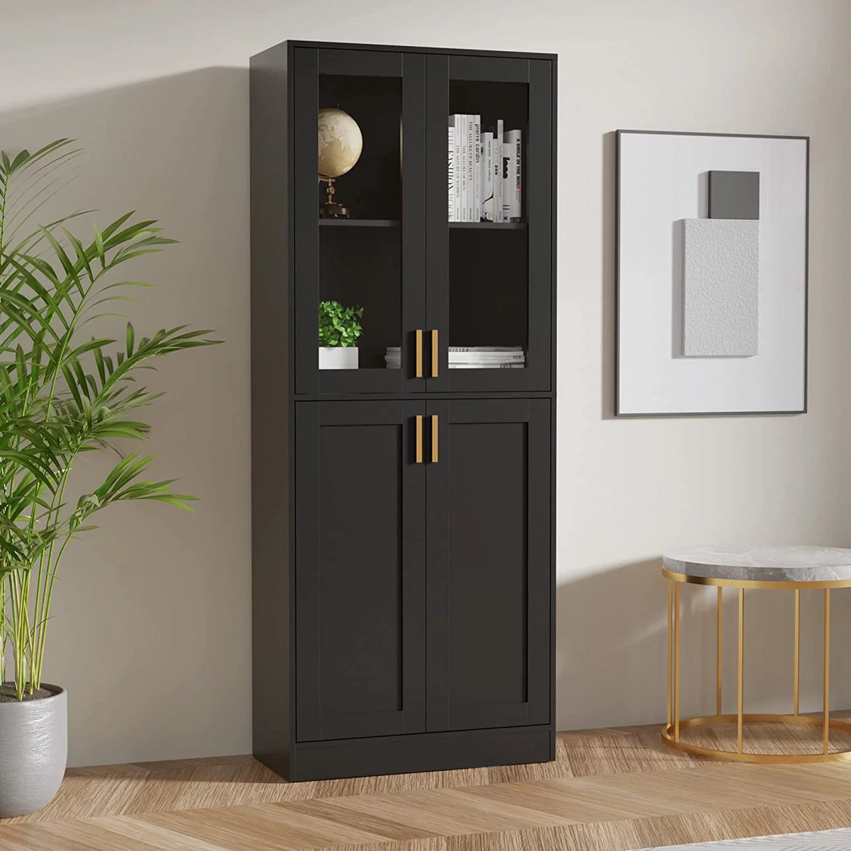 70" Tall Black Display Cabinet with Acrylic Glass Doors and Adjustable Shelves Y5437
