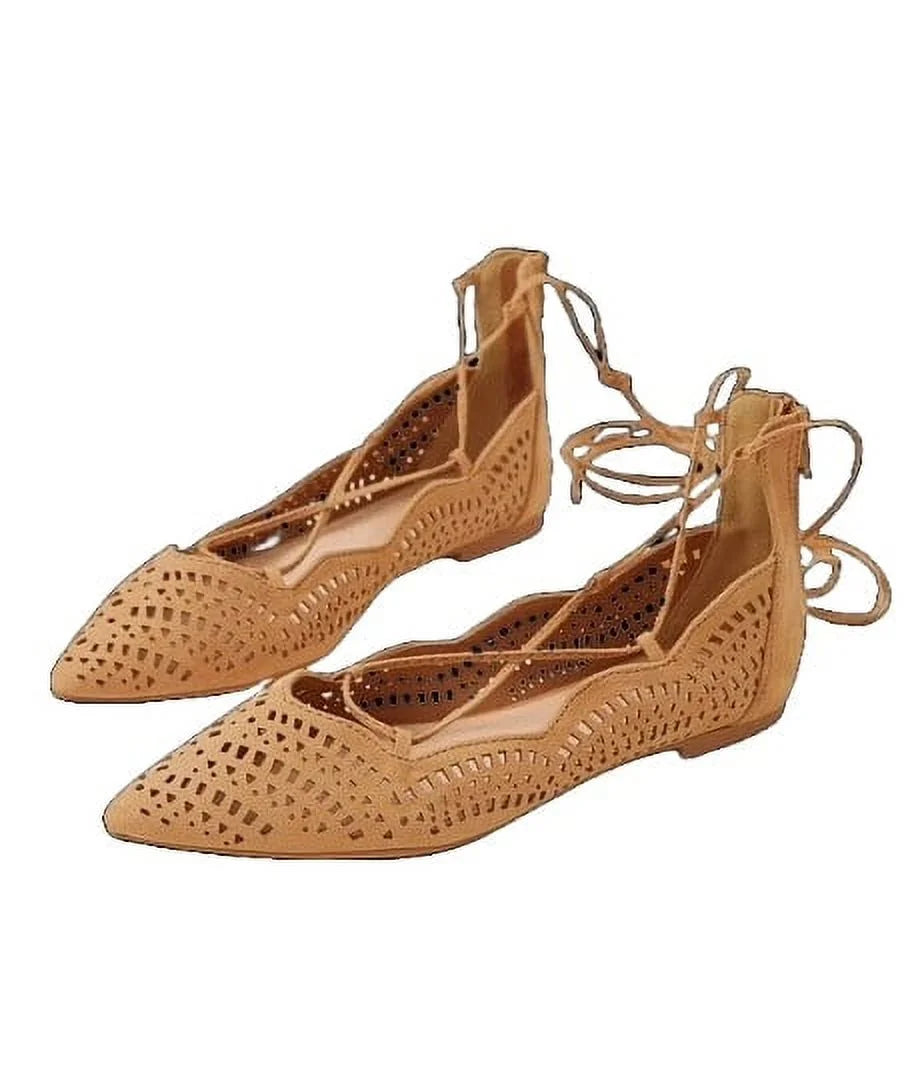 Blush Suede Perforated Lace Up Flat Ballet Shoes I400
