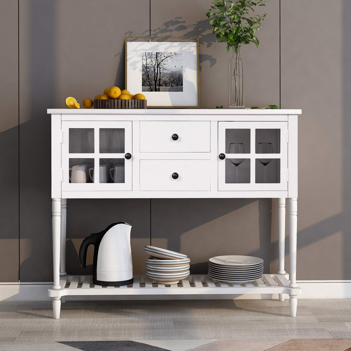 White and Brown 4 Drawers Storage Console Table with Cabinet and Shelf D871738