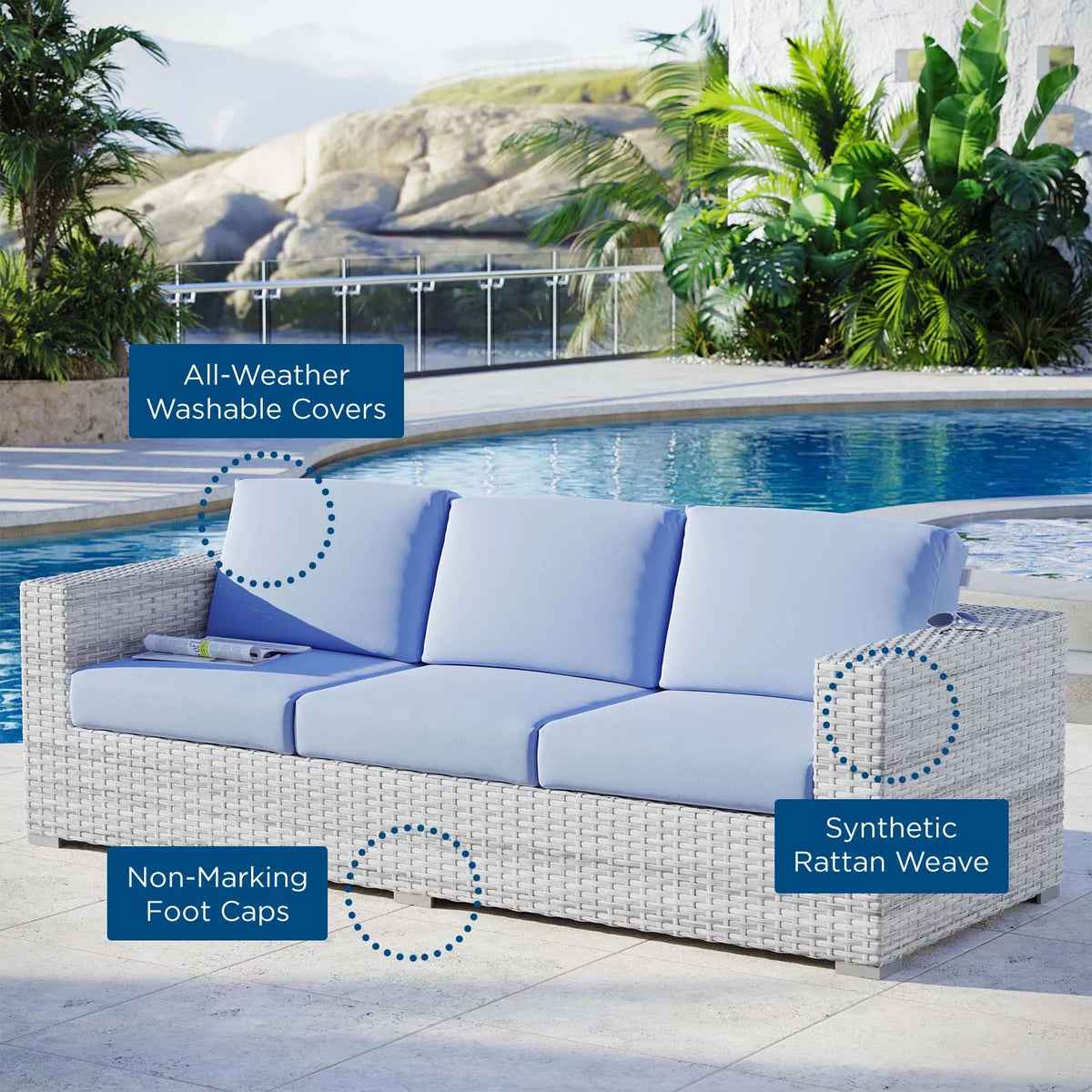 Light Grey Light Blue Rattan Wicker Sofa O18892
