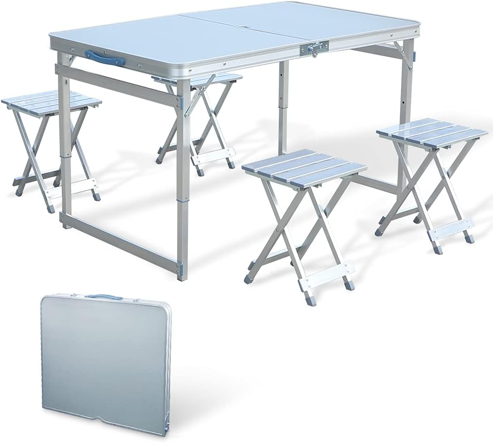 Folding Picnic Table with 4 Seats, Aluminium Alloy Portable Desk Bench T727
