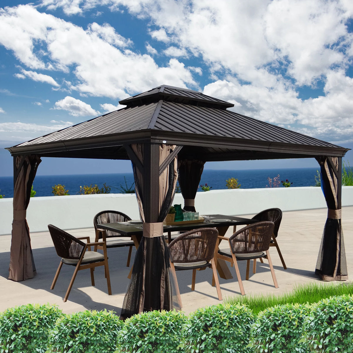 Hardtop Aluminum Gazebo with Mosquito Net and Privacy Sidewalls O9226