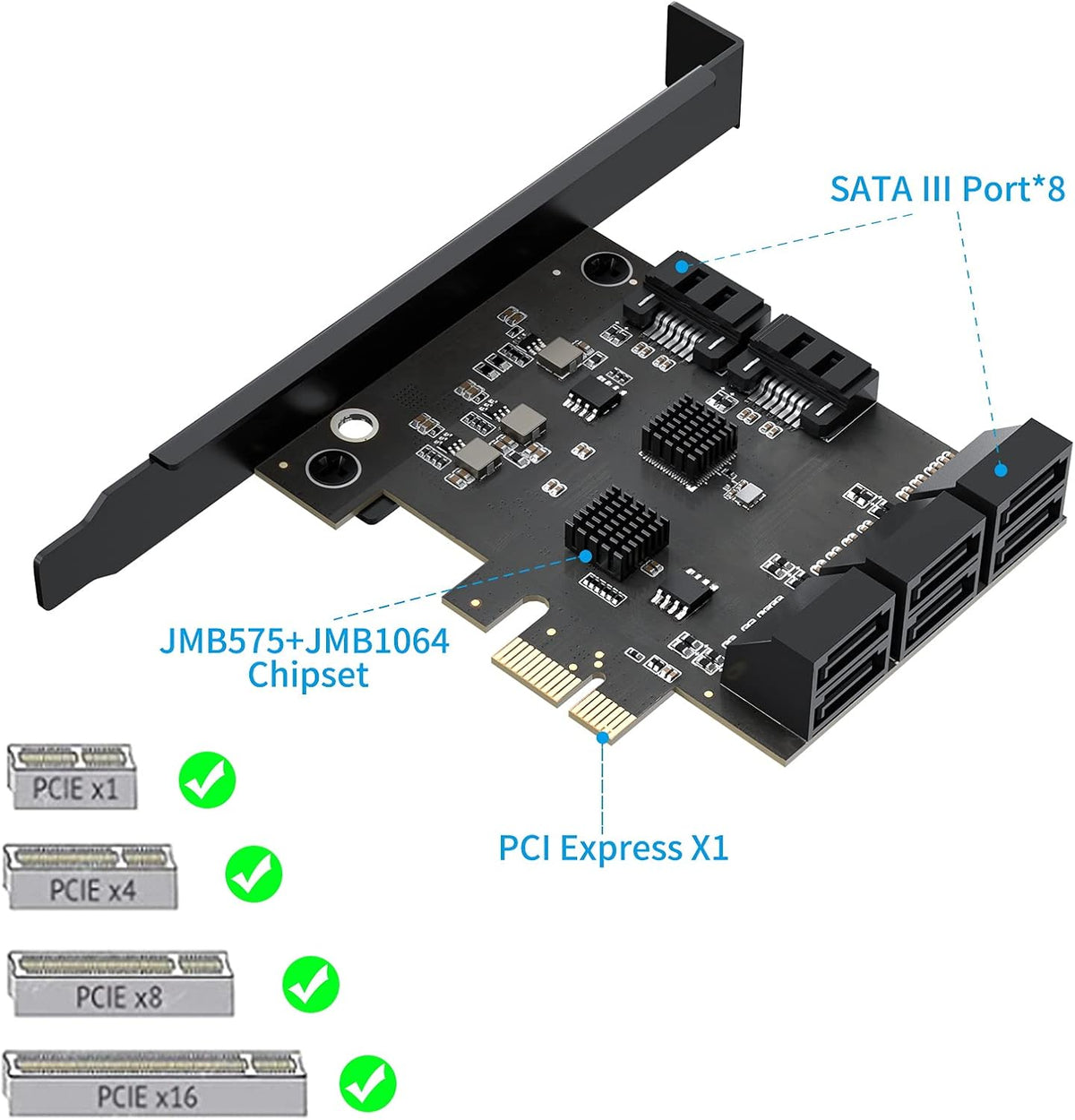 8 Port PCIe SATA 3.0 Controller Expansion Card with 8 SATA Cables and 2 Power Splitter Cables M162