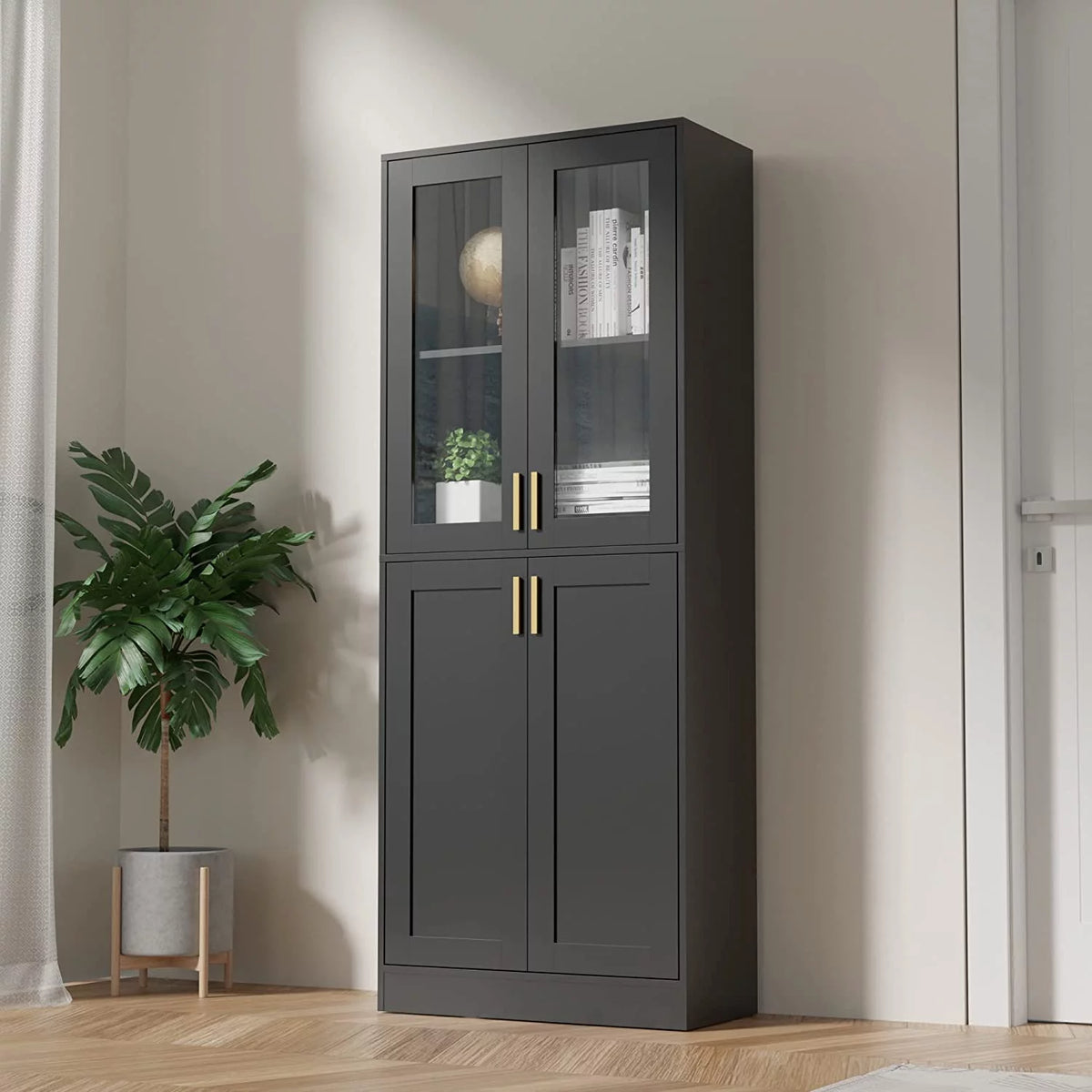 70" Tall Black Display Cabinet with Acrylic Glass Doors and Adjustable Shelves Y5437