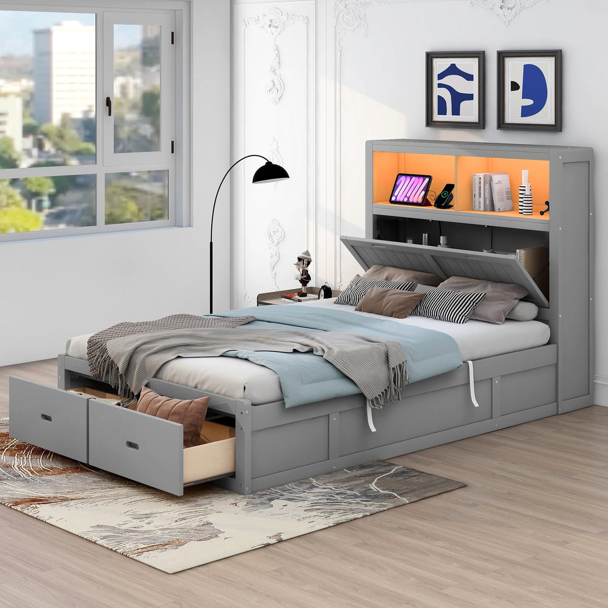 Gray Wood Full Size Platform Bed with Storage Headboard and Two Drawers C30610