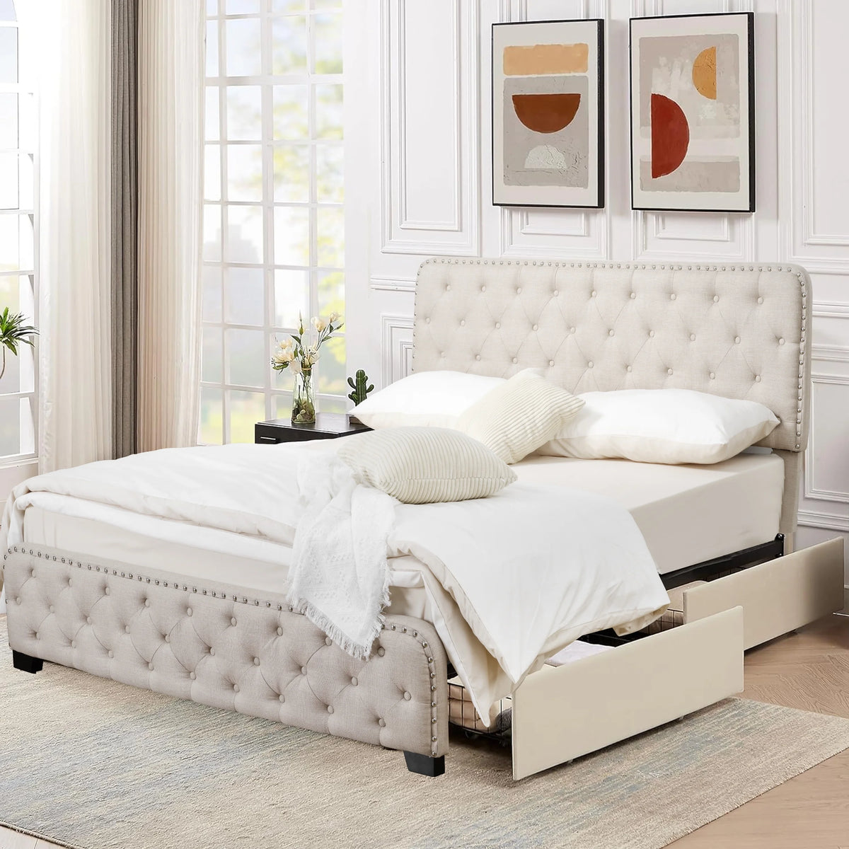 Beige Full Size Storage Bed Frame with 4 Drawers and Adjustable Headboard B374