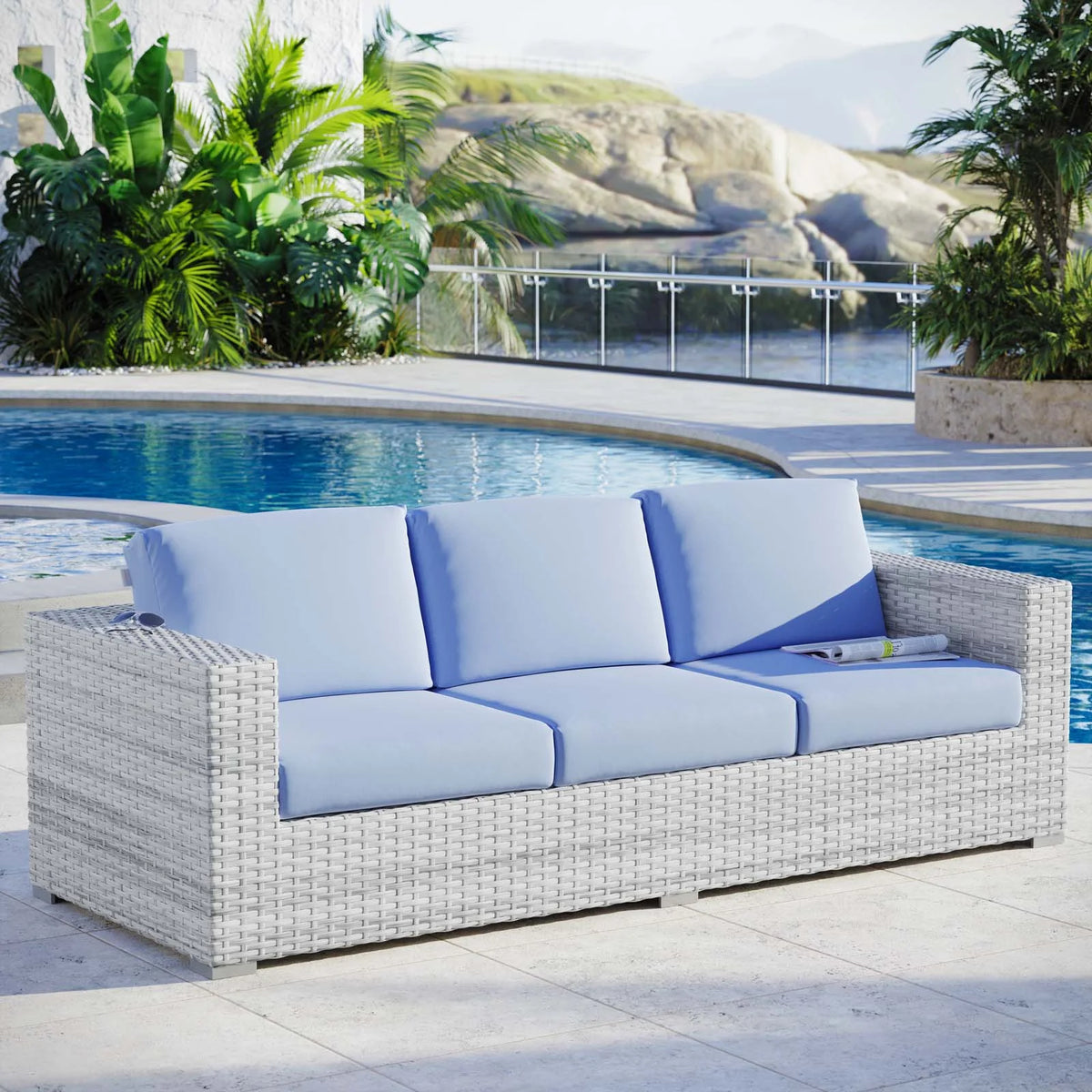 Light Grey Light Blue Rattan Wicker Sofa O18892