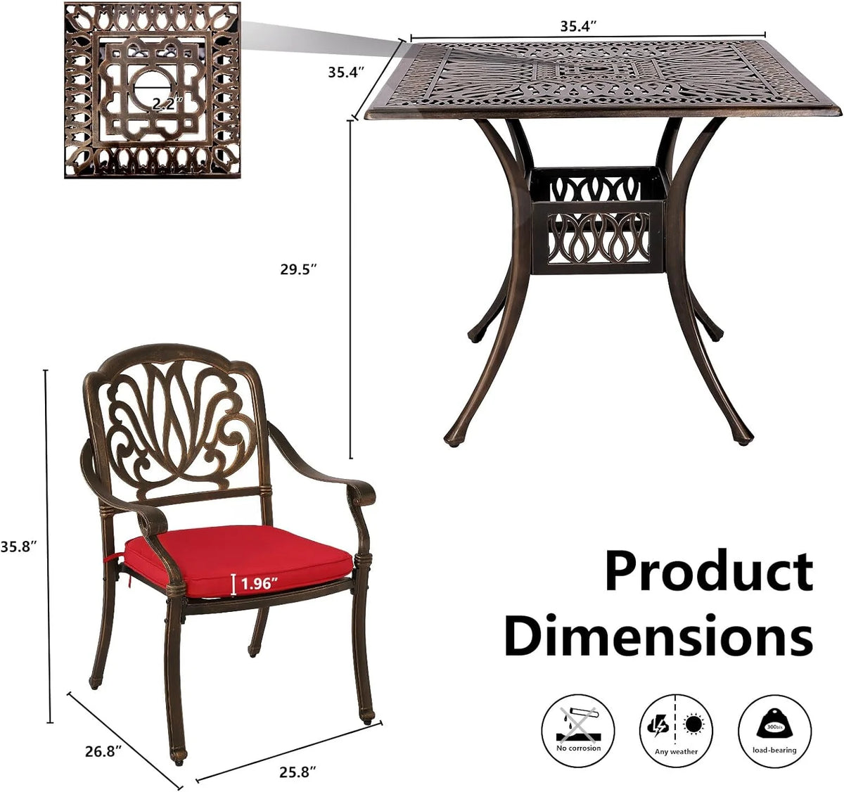 5 Piece Cast Aluminum Patio Dining Set with Red Cushion M211