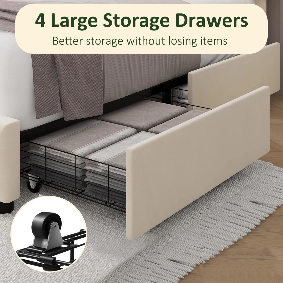Beige Full Size Storage Bed Frame with 4 Drawers and Adjustable Headboard B374