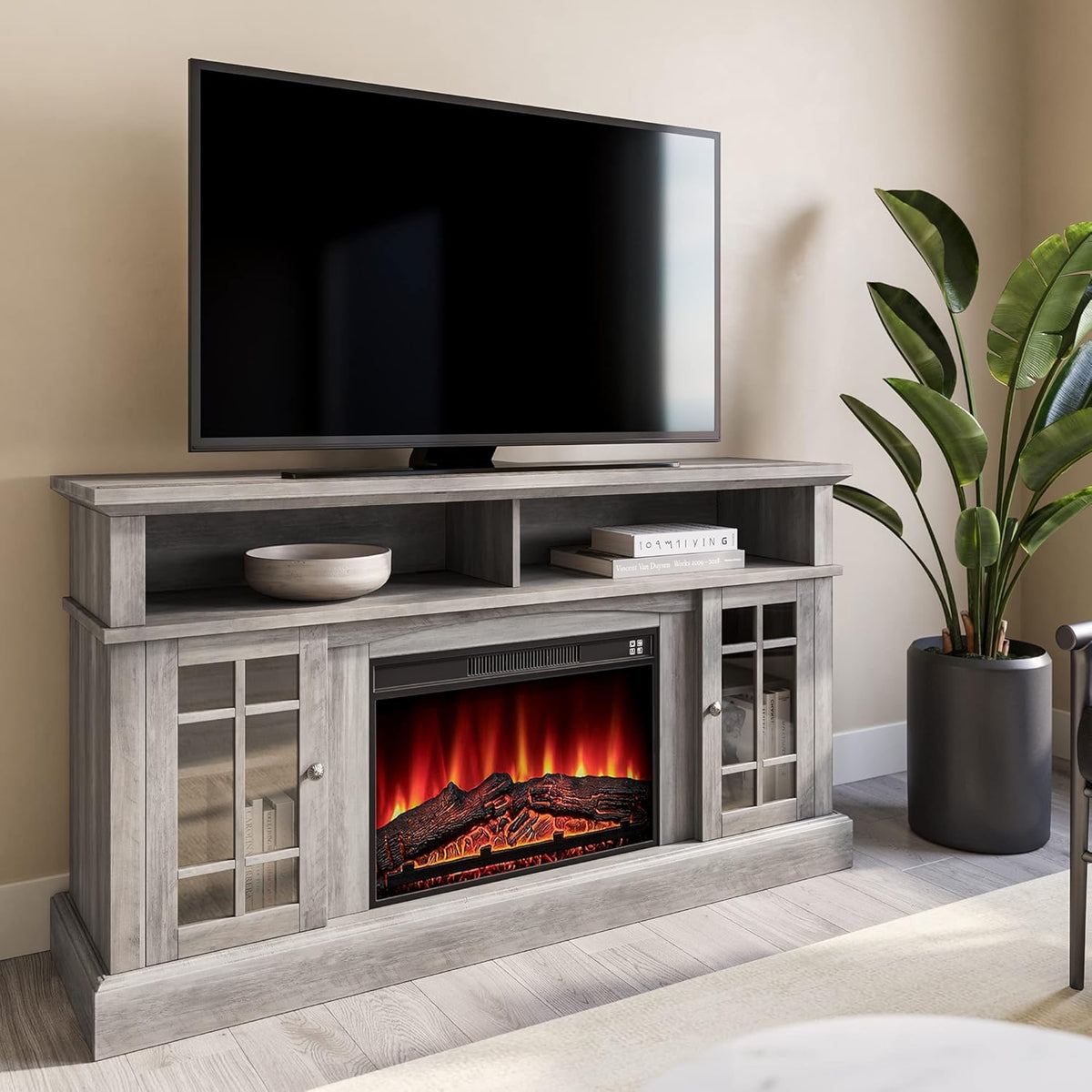Light Gray Electric Fireplace TV Stand with Open Storage Shelves & Cabinets B8750