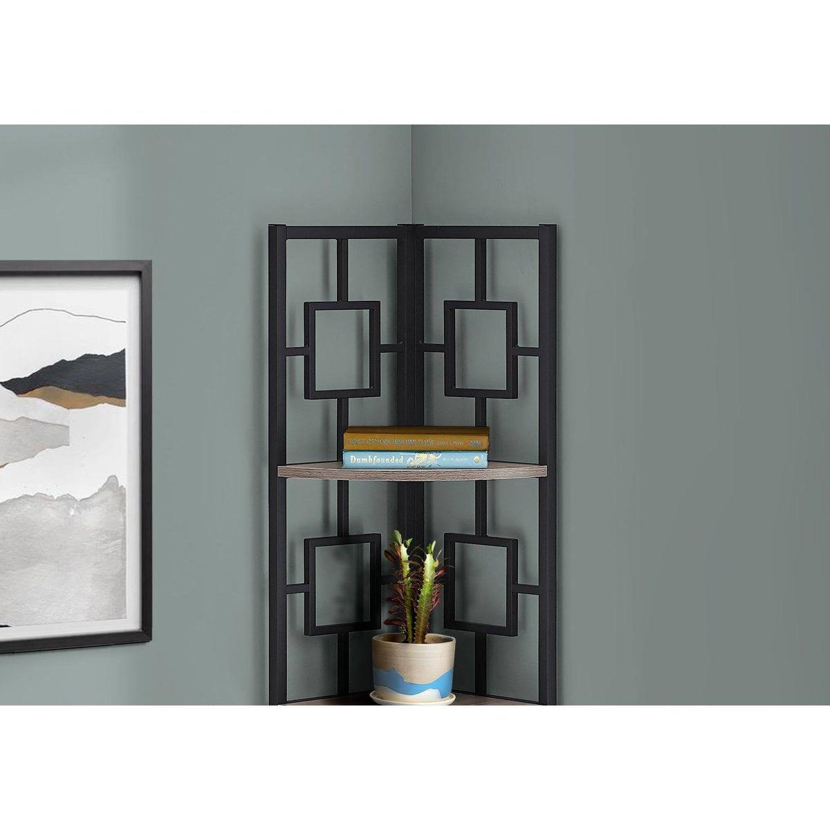 Taupe Brown and Black Corner Etagere Bookcase B572073