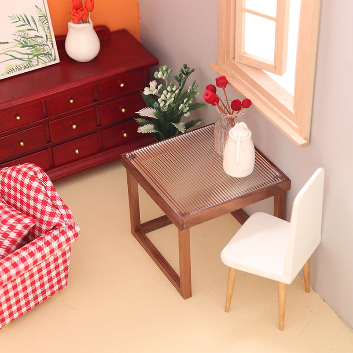 Mini Table Acrylic Black Walnut Wood for 1/12 Doll House H9997