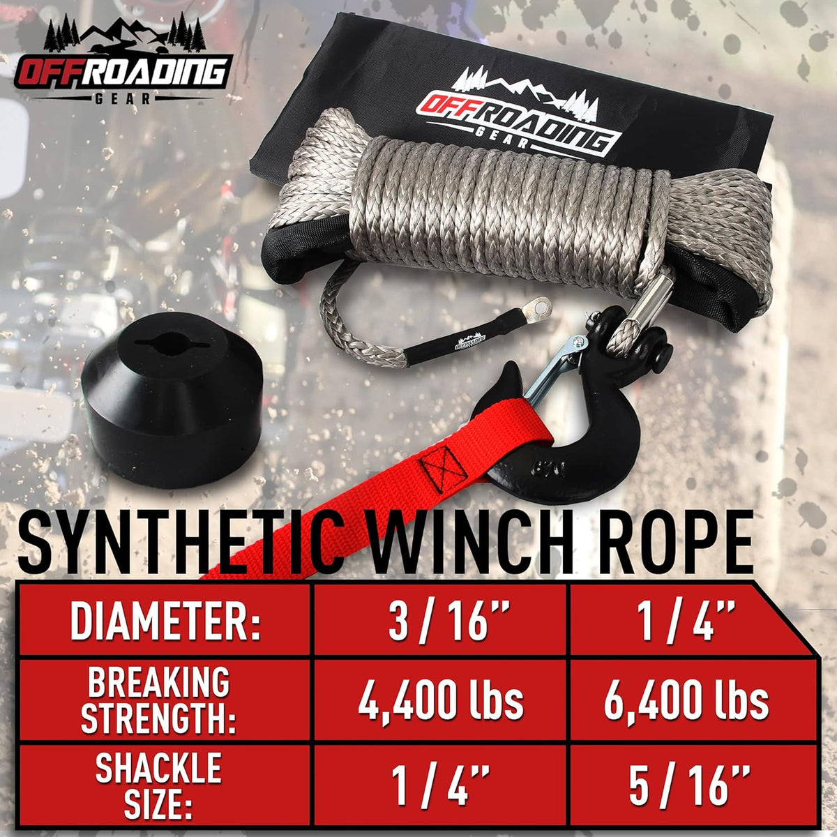 50'x1/4" Synthetic Winch Rope Kit with Snap Hook & Stopper F5199