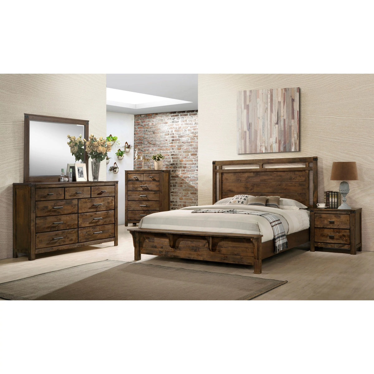 King Size 4pc Wooden Bedroom Set with Bed Dresser Mirror Nightstand Z987453