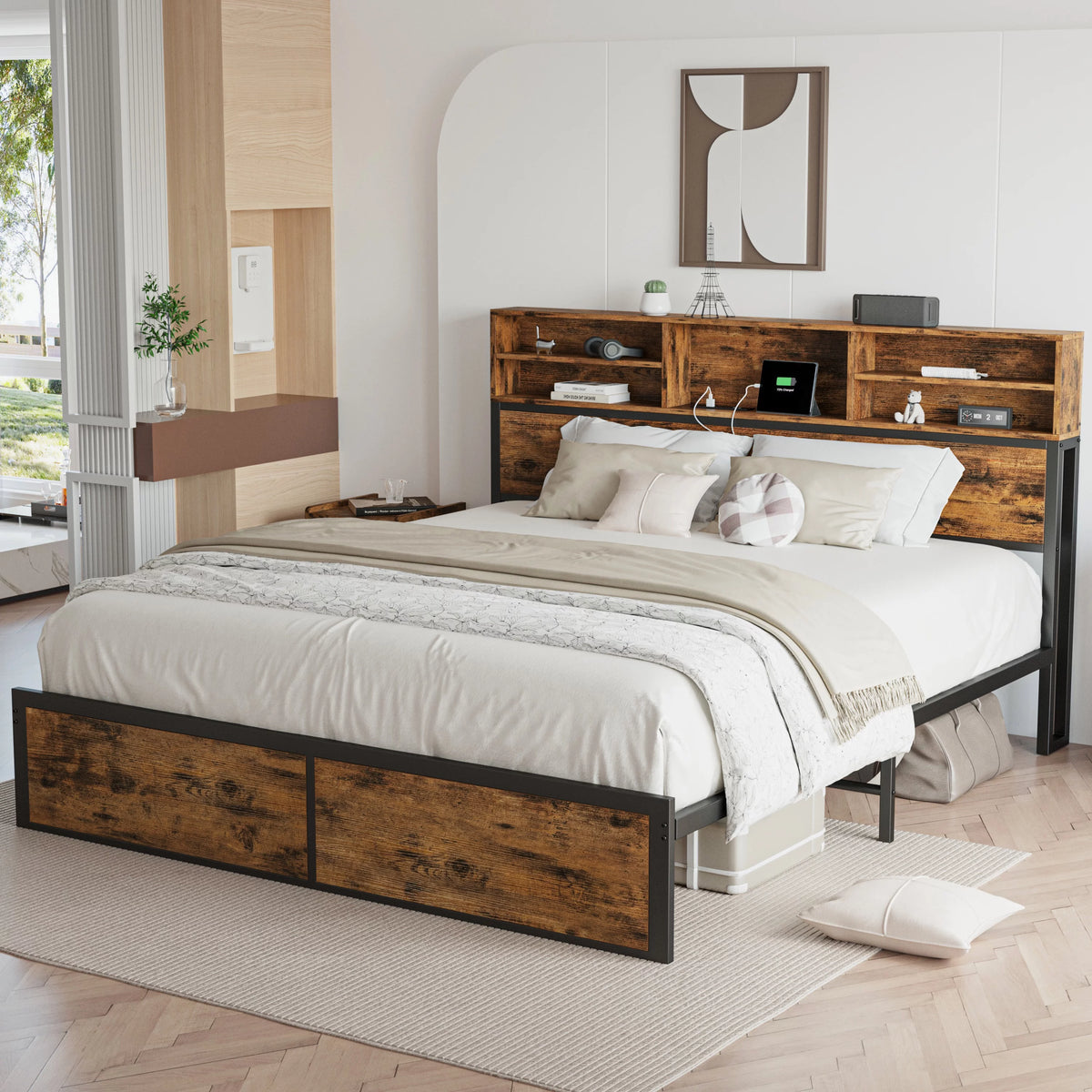 Full Bed Frame with Bookcase Headboard and Charging Station D322656