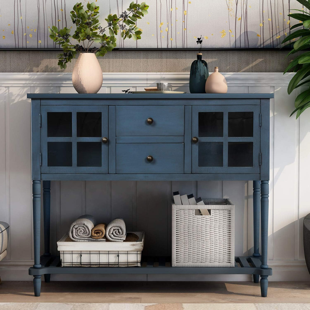 White and Brown 4 Drawers Storage Console Table with Cabinet and Shelf D871738