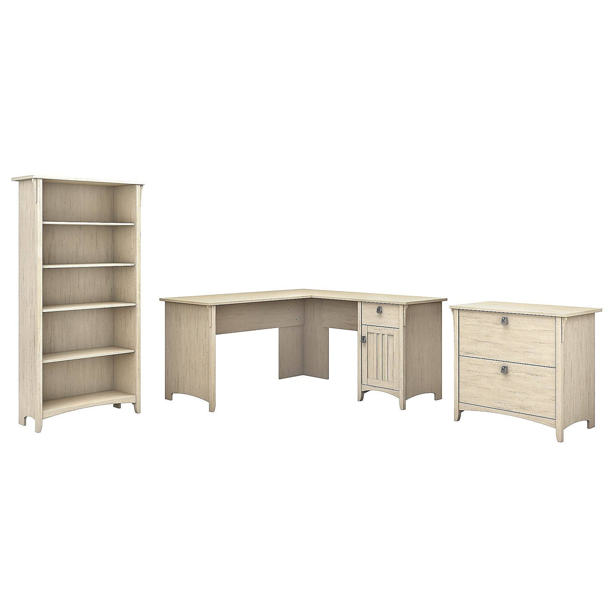 Antique White L Shaped Desk with Lateral File Cabinet and 5 Shelf Bookcase U5640
