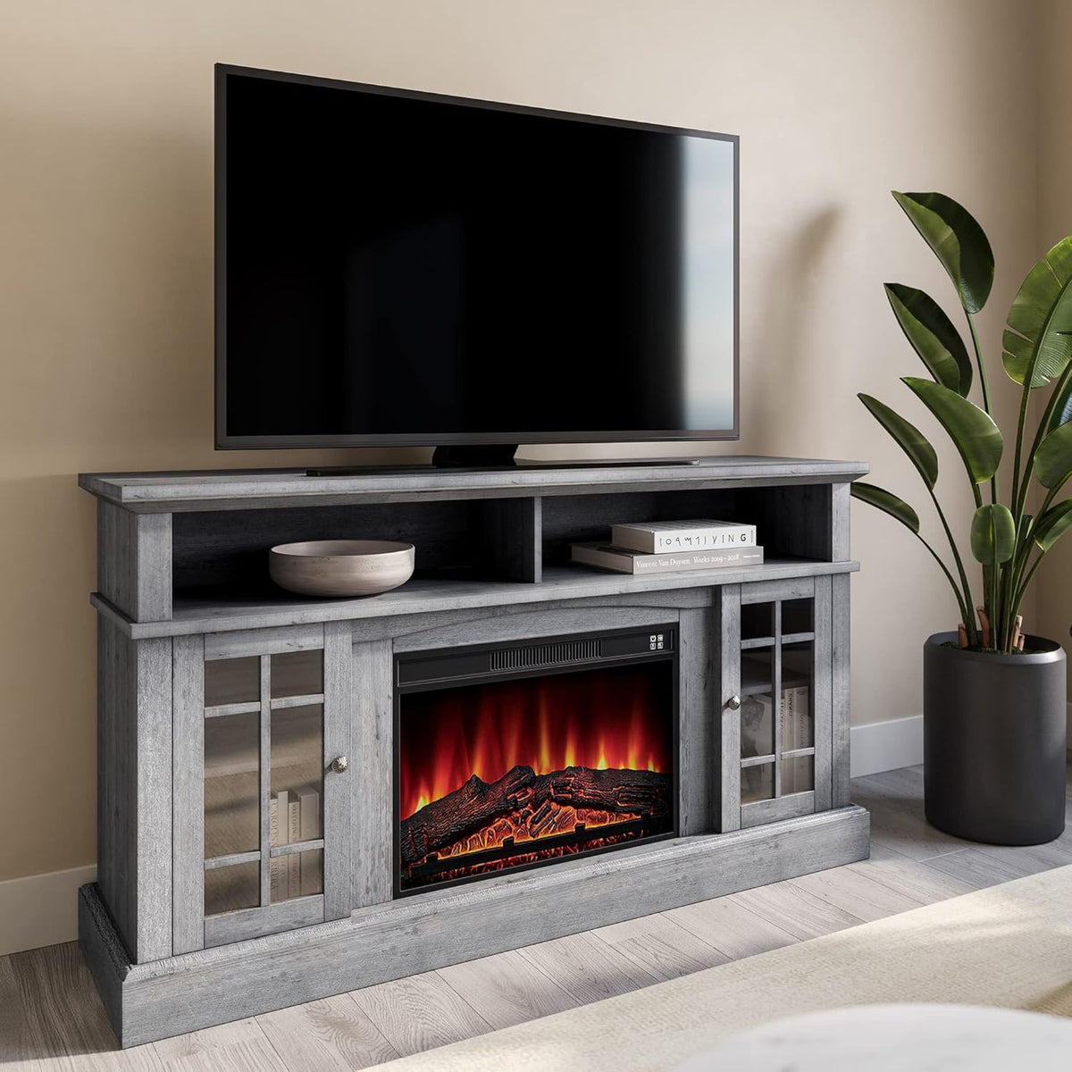 Light Gray Electric Fireplace TV Stand with Open Storage Shelves & Cabinets B8750