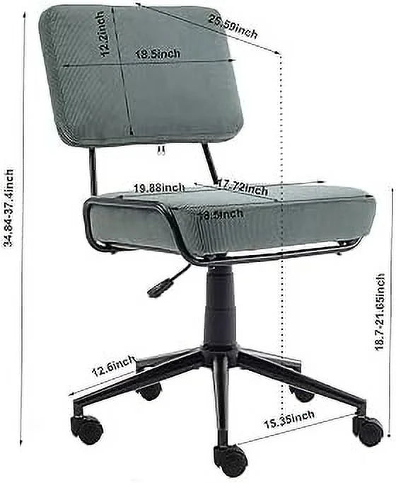 Corduroy Low Desk Chair Adjustable Height Armless Swivel Rolling Chair with Wheels White V95281