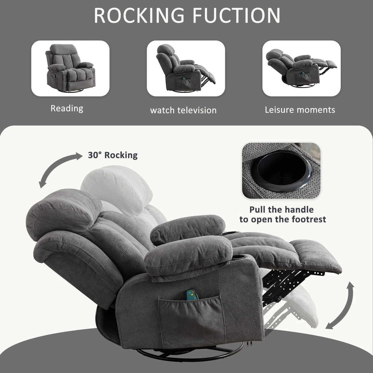 Swinging recliner massage heated sofa with USB and cup holders S22218